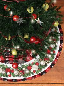 1 fustă de brad de Crăciun, cu diametrul de 60/90 cm, model în carouri roșu și negru cu ornament de fulgi de zăpadă și perle, decorațiune pentru brad de Crăciun, Crăciun fericit