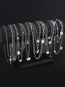 12 件/套心形、蝴蝶、水晶、闪亮星星、月亮、泪珠、蛇形仿珍珠吊坠多层项链套装，时尚、简约、优雅、复古设计，适合节日、派对、日常佩戴、礼物 - 銀色 - 查看 9