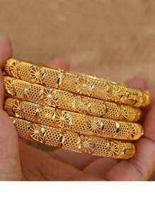 4入組迪拜風格24K鍍金銅手鍊，時尚新娘婚禮手鍊，珠寶禮品