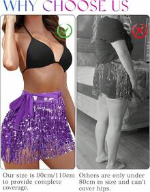 Sequin Tassel Skirt Belly Dance Hip Scarf Wrap Sparkly Tinsel Fringe Skirt Rave Festival Halloween For Women - 紫色 - 查看 5