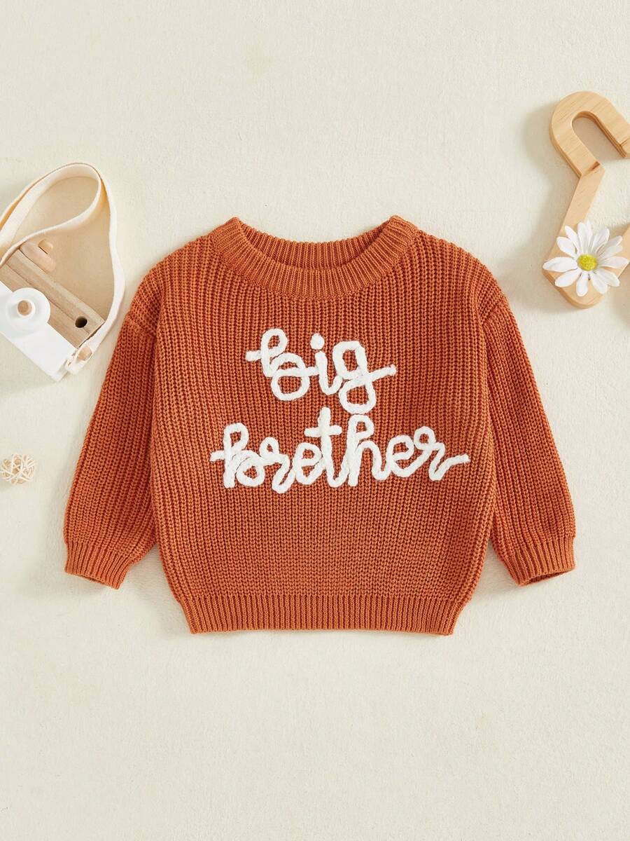 Toddler Boys Knitted Jumper Big Bro Letter Embroidery Round Neck Pullover Sweater Baby Warm Knit Tops Pullover Knitwear - 橘色 - 查看 1