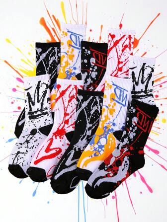 10 par barnknästrumpor med blandade färgglada graffititryck, lämpliga för höst/vinter och Halloween