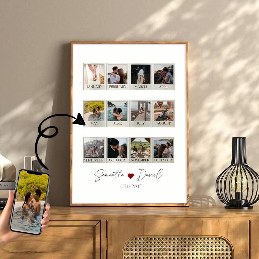 1 Stück Personalisierte 12-Monats-Paar-Fotocollage - Personalisierte Canva-Vorlage mit Namen, Jahrestags-Datum, monatliche Erinnerungen, druckbares Liebesgeschenk, geeignet für Badezimmer-Dekoration, Küchen-Dekoration, Wohnzimmer-Dekoration, Schlafzimmer-Dekoration, optionaler Rahmen