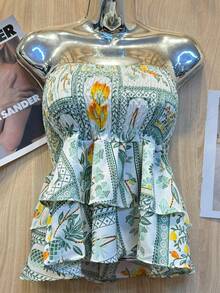 Printed Cropped Blouse With Elastic Ruffle - Baby Green - View 1