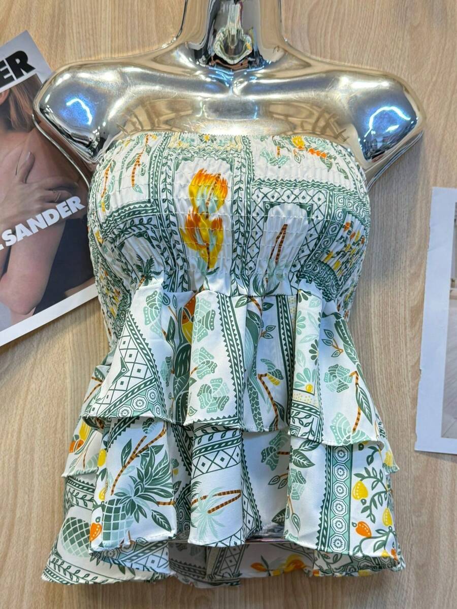 Printed Cropped Blouse With Elastic Ruffle - Baby Green - View 1