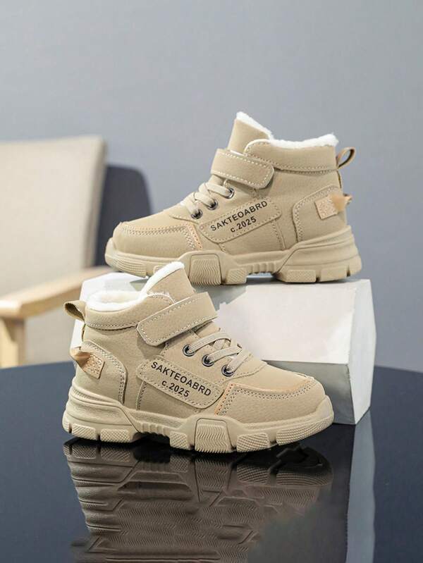 1 Paar Kinder Winter Plüsch gefütterte wasserdichte Schneestiefel, Lederoberfläche, Klettverschluss mit Buchstaben, rutschfest, verschleißfest Winterschuhe mit hohem Schaft, Jungen & Mädchen Winter Lässig Buchstaben Muster Klettverschluss Plüsch rutschfeste Schneestiefel