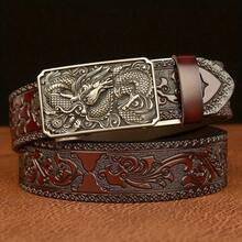 Western Cowboy Genuine Leather Belt Animal Print Belt - Men For Women Fashion Retro Waist Strap Decoration Floral Engraved For Jeans Belt,With Automatic Buckle Perfect Accessory For Business And Casual Accasions - 棕銀 - 查看 1