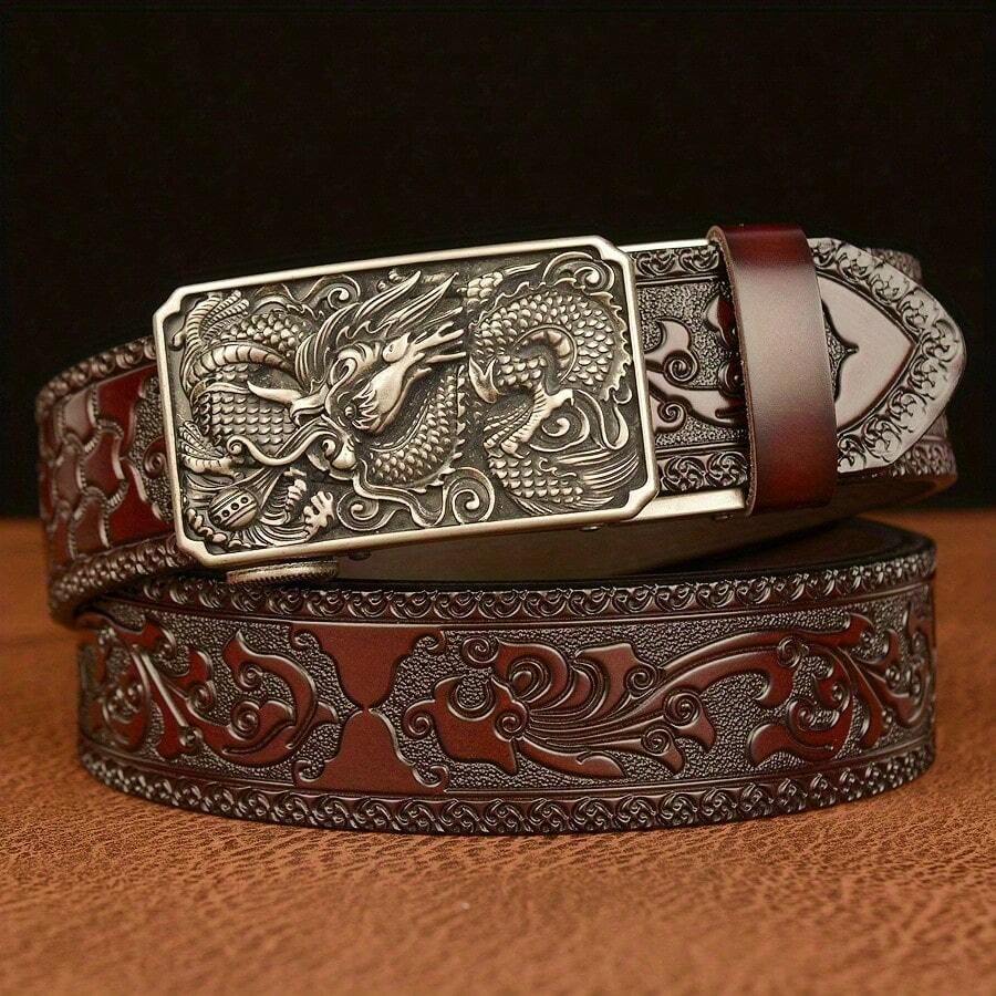 Western Cowboy Genuine Leather Belt Animal Print Belt - Men For Women Fashion Retro Waist Strap Decoration Floral Engraved For Jeans Belt,With Automatic Buckle Perfect Accessory For Business And Casual Accasions - 棕銀 - 查看 1