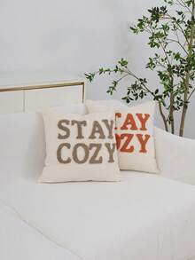 1pc/2pcs "STAYCOZY" Letter Phrase Pillow Cover, Double-Sided Chenille Fabric, Nordic Style Flocked Embroidery, Suitable For Bedroom, Living Room, Outdoor Garden, Holiday Party Decoration, Without Pillow Insert, 30*50cm, 45*45cm