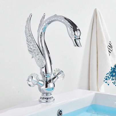Bathroom Faucet Swan Shape Soild Brass Vanity Sink Faucet Modern Dual Handle Deck Mount Bathroom Sink Faucet Hot Cold Water Mixer Tap