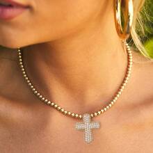 1 Pc Luxury Simple Cubic Zirconia Bubble Cross Necklace, Exquisite Gold Cross Necklace Clavicle Chain, Suitable For Women/Girls Daily Wear