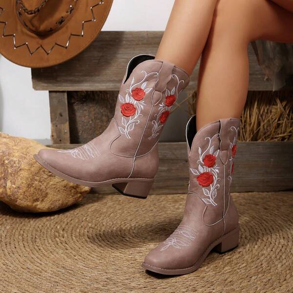 Botas de media pantorrilla con punta cuadrada y diseño deslizante, de moda para mujer. unicolor con bordado de estilo occidental, adecuadas para la playa, resort, exteriores y todas las estaciones