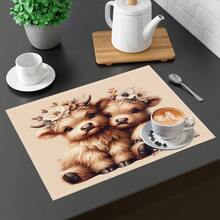 1pc/4pcs/6pcs Cute Highland Cow Printed Linen Placemats, Suitable For Dining Table, All Season Decor, Modern Washable Table Mats, Room Decor, Coasters, Kitchen Dining Mats, Indoor Outdoor Party Decoration, Home Decor, Ideal Gift - Multicolor - View 8