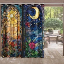 1 Pc Sun And Moon Printed Shower Curtain, Translucent Waterproof Shower Curtain Divider, Winter Bathroom Warming Shower Curtain, Bathroom Shower Curtain Liner Decorative Curtain, Equipped With Multiple Plastic Hooks, Metal Alloy Washers, More Sturdy Room Decor Bathroom Accessories Back To School