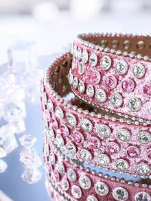 1pc  Blingbling    Party    PU Leather    Grommet Eyelet    Women's Women's SK2 Belt With Diamonds Belt With Diamonds  Western Studded Belt - 粉色 - 查看 8