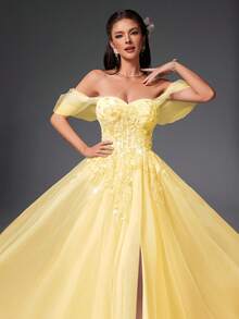VIPGIRL Váy dạ hội trễ vai bằng vải tuyn màu vàng có đính vải, váy dạ hội chữ A hở vai, váy dạ hội công chúa cho nữ, tiệc tốt nghiệp, tiệc dạ hội, khách dự tiệc cưới - Màu vàng - Xem 8