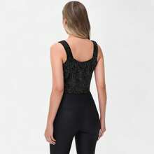 Women's Sequin Square Neck Tank Top With Sleeveless Design And Cropped Fit - Black - Black - View 2