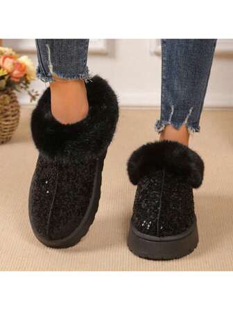 女士保暖内衬一脚蹬踝靴，平底厚底雪地靴，2024 年新款，冬季