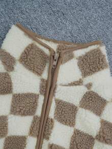 Ins 风格棋盘格抓绒背心女短款复古方格图案宽松无袖夹克外套，秋冬