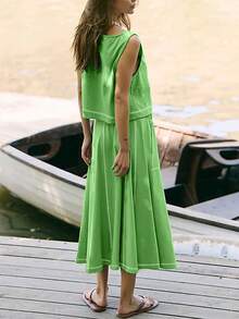 Women's Cotton Spandex 2-Piece Set: Sleeveless Top & Colorblock Hem Skirt - 綠色 - 查看 2