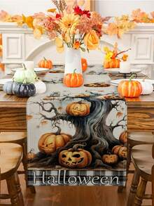 1 pieza/10 piezas Camino de mesa con diseño de cabeza de calabaza de Halloween, camino de mesa de cosecha de otoño, decoración del hogar de temporada, estilo rústico, material similar al lino, 33*91CM/33*183CM/33*274CM, 3 opciones de tamaño, suministros para fiestas interiores y exteriores, decoración con tema de calabaza, decoración de habitación. Adecuado para la decoración de la cocina del hogar y la decoración de eventos y fiestas - Multicolor - Ver 10