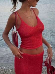 Women Two Piece Sequin Skirt Outfits Sparkly Sleeveless Spaghetti Strap Scoop Neck Cami Tops Low Rise Bodycon Maxi Skirts Sets Summer Glitter Knitted Skirt Sets Beach Club Party Going Out - 紅色 - 查看 5