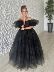 Tween Girl Black Wednesday Series Halloween Costume Party Dress, Puff Sleeve Flower Girl Formal Dress, Elegant Princess Dress For Girls, Suitable For Children Birthday Party, Wedding, Prom, Holiday Occasions - 黑色 - 查看 3
