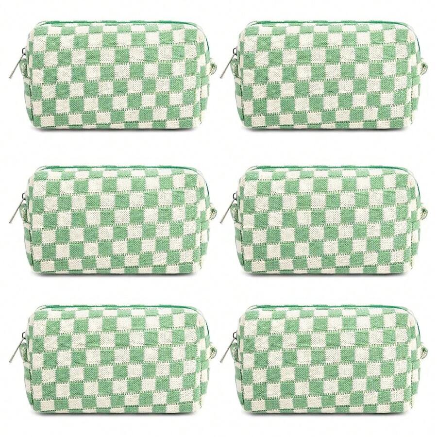Checkered Makeup Bag Preppy Cosmetic Bag Bulk Blue Makeup Pouch Travel Toiletry Bag Organizer Cute Makeup Brushes Storage Bag Women Fashion - 薄荷綠格紋 - 查看 1