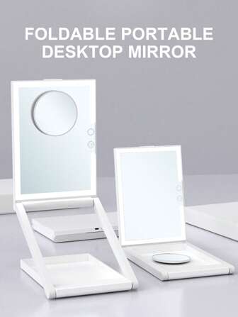 LED Makeup Mirror With Light, Three-Color Light, Infinite Dimming, 10x Magnifying Mirror, Folding Desktop Dressing Mirror