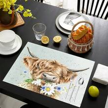 1pc/4pcs/6pcs Highland Cow Printed Linen Placemats, Suitable For Dining Table, All Season Decor, Modern Washable Table Mats, Room Decor, Coasters, Kitchen Dining Mats, Indoor Outdoor Party Decoration, Home Decor, Ideal Gift - Multicolor - View 1