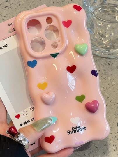 Cute Pink Heart Element Novelty Cute Candy Color 3D Heart Cube Solid Wave Soft Phone Case Compatible With Iphone 17 Pro Max 17 Pro 17 Air 17 16 15 13 Pro Max 11 12 14 Pro Max Cute Macaron Glossy Shockproof Phone Case Easter Spring Gift