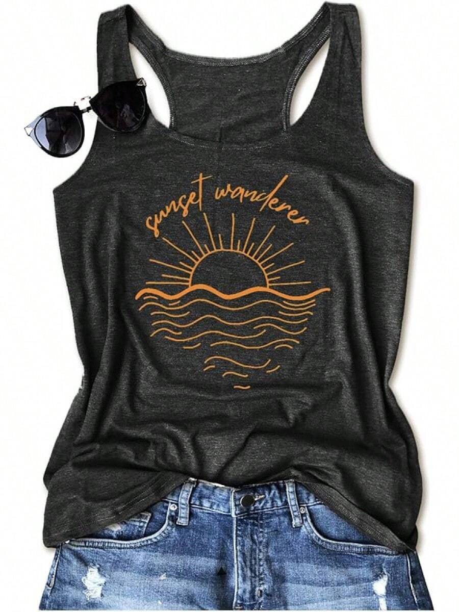 Graphic Tees For Women Summer Tank Tops Vacation Outfits For Women Country Concert Tops Summer Racer Back Tank Tops - Hoàng hôn/Xám đậm - Xem 1