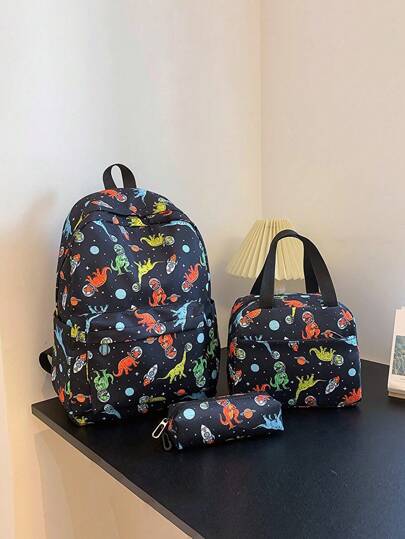 3 Pcs Fashionable Preppy Dinosaur Pattern Backpack Set,Backpack&Lunch Bag&Pencil Case,With Laptop Compartment Bookbag,Adjustable Strap Bookbag Set,Multi Pockets High-Capacity School Bag Set Multifunctional Daypack Set Idea For Girls/Teens/College Students/Graduate/Graduate For Daily Use/Vacation/Travel/Back To School