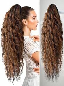 28 Inch Deep Brown Wavy Curly Clip-In Ponytail Hair Extensions, Soft & Natural, Synthetic Hair Piece, For Women - Brown Highlight - View 10