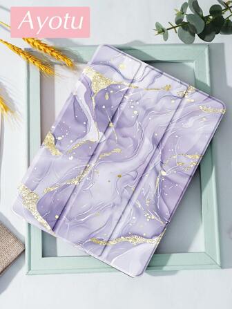 Lila marmor iPad-skal kompatibelt med iPad Air 4/5 10,9 tum, iPad 7/8/9:e tum 10,2 tum, inbyggt pennfack kompatibelt med Samsung Tab S6 10,4 tum, Tab A7 Lite 8,7 tum, Kindle (11:e generationen - 2024 års version), läderfodral i inbyggt läder, tillbaka till skolan, alla hjärtans dag, nyårspresent