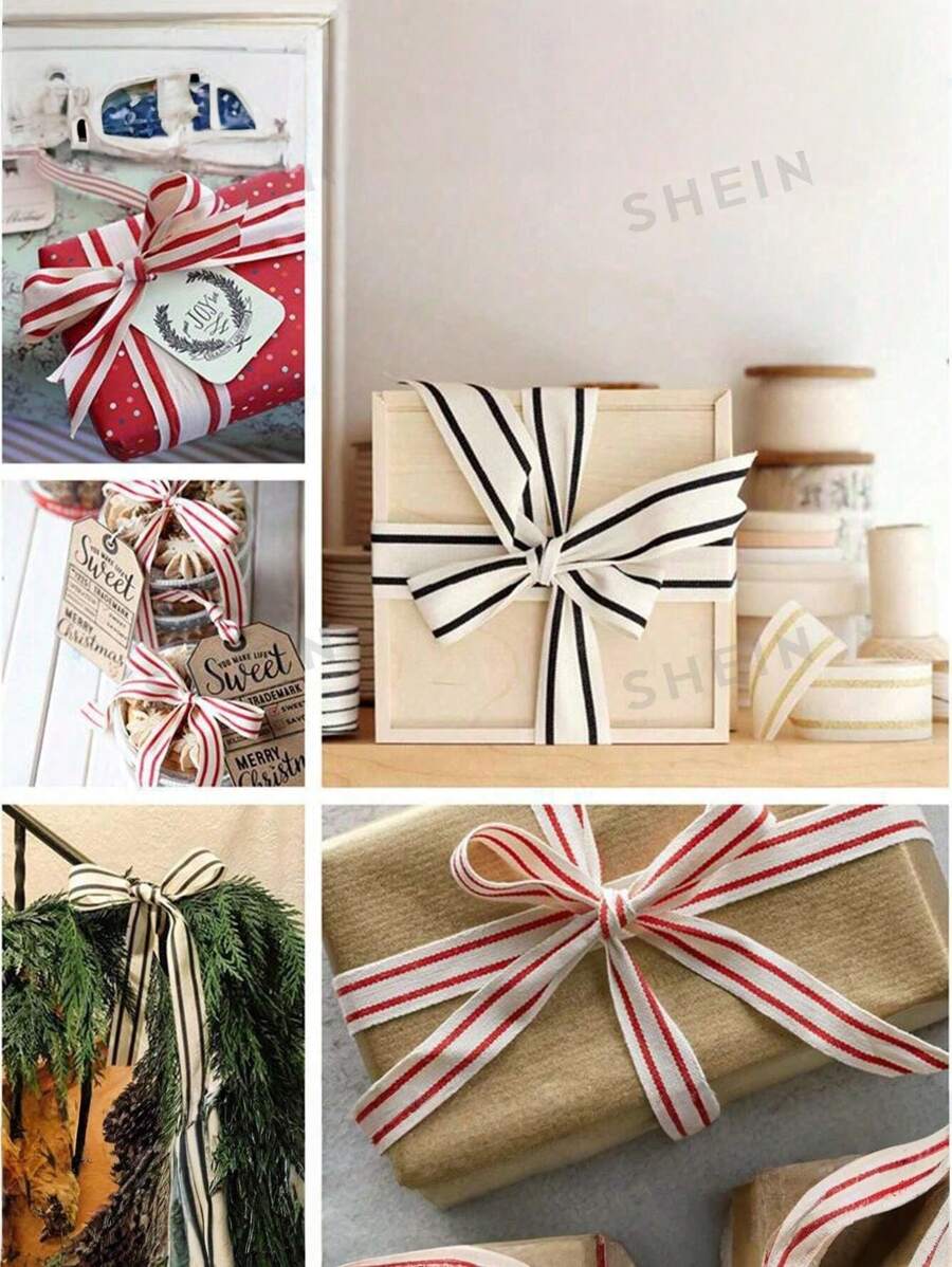 10码/卷 圣诞条纹丝带，礼品包装丝带，天然工艺缎带，DIY手工制作，节日婚礼情人节生日派对装饰，礼品包装 - 彩色 - 查看 1