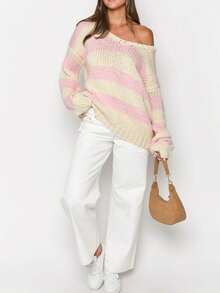 Women Y2K Striped Sweater Top Long Sleeve Crew Neck Oversized Knit Pullover Top Color Block Jumper Top Fall Winter Fashion Clothes - 粉色 - 查看 2