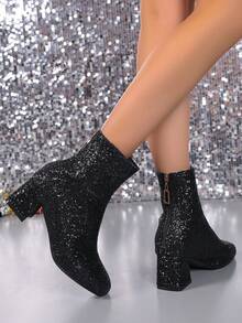 بوت بكعب سميك مرصع بالراين 25-2 سم، باللونين الذهبي والفضي، لامع، بطراز الأميرة، بوت بكعب متوسط، متعدد الاستخدامات للخريف/الشتاء