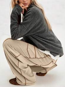 Women's Casual Cylinder Pants Wide Leg Casual Drawstring Sweatpants With Pockets - Khaki - View 4