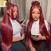 Burgundy Transparent Lace Straight 13x4 Bob Lace Front Wig Pre Plucked Transparent Bob Lace Front Human Hair Wigs 99J Red Bob Wig 8-16inch For Women - S99J - 查看 10