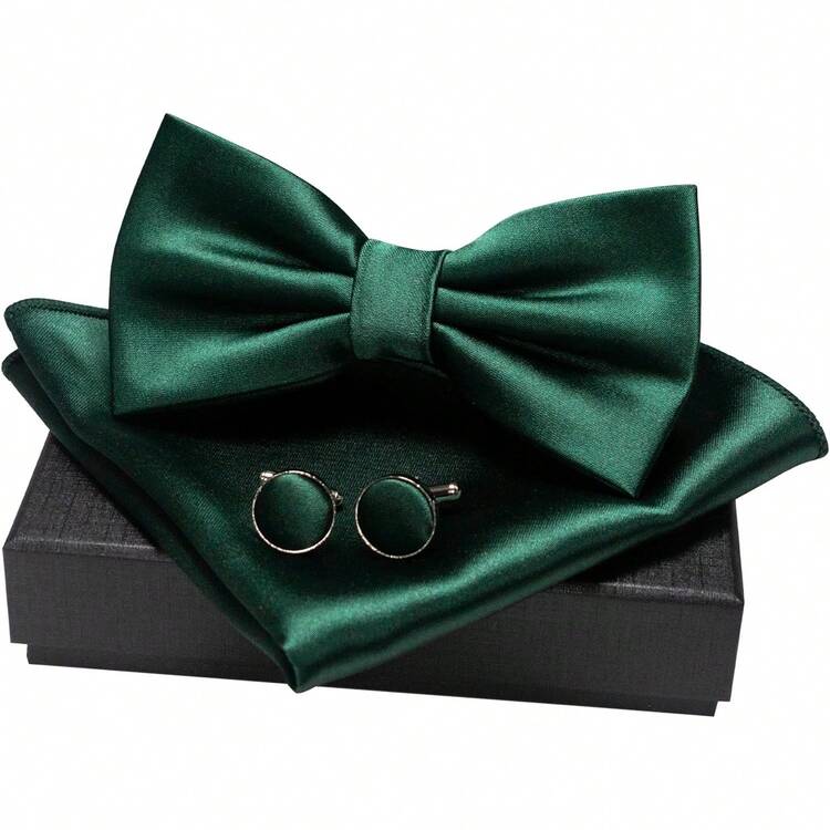 Solid Color Mens Pre-Tied Bow Tie And Pocket Square Cufflinks Sets With Box - 橘色套裝(附翻領別針) - 查看 8