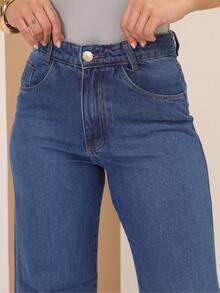 Calça Jeans Wide Leg Feminina Cintura Alta Tecido Grosso Elegante Confortável 100% Jeans Algodão Vintage - Azul - Visão 5
