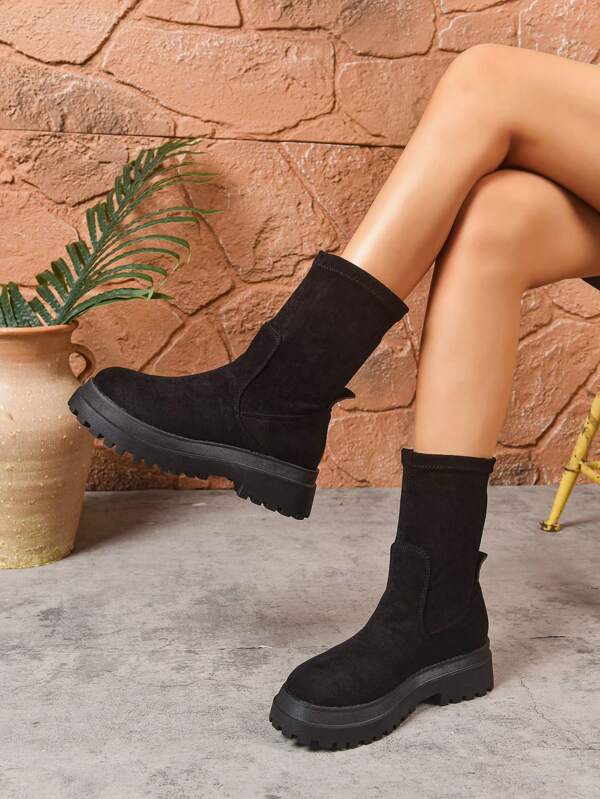 Women's Fashion Black Knee-High Boots Slip-On Elastic Boots Thick-Sole Chunky Heel Riding Boots, Fashion Boots, Warm Boots For Autumn/Winter, Suitable For Parties, Events, Holidays Women's Fashionable Solid Color Mid-Calf Boots All-Day Comfortable Walking Shoes, Suitable For Formal And Outdoor Wear Boots