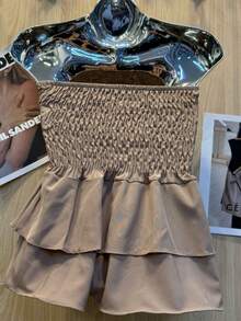 Cropped Elastic Blouse With Ruffle - Beige - View 2