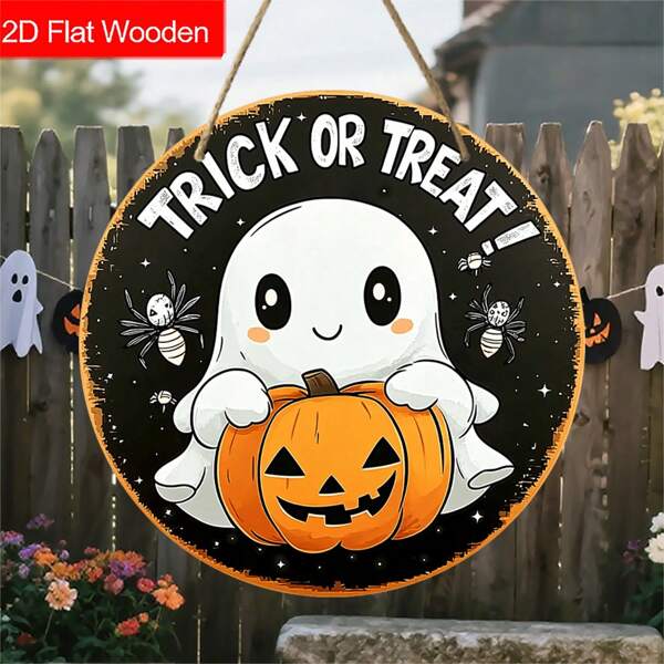 2D, 1pc Flat "Trick Or Treat" Halloween Wooden Hanging Sign, Ghost Hand Holding Pumpkin & Spider Design Wooden Hanging Decorative Plaque, Halloween Gift, Ideal Courtyard Decoration, Home Decoration, Door Hanging Decoration, Festive Party Decoration