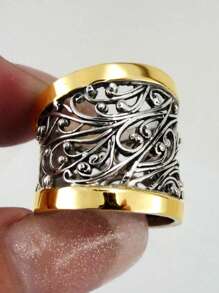 1 件几何镂空植物藤蔓双色宽戒指，时尚复古戒指适合男女，派对、聚会、日常佩戴，新款秋冬珠宝礼物 - 彩色 - 查看 10