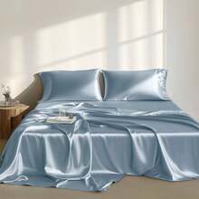 4/6 Pieces Solid Satin Luxury Sheet Set With 1*Flat Sheet,1*Fitted Sheet,4*Pillowcases Without Core,Luxury Silky With Natural Sheen,Elastic 14" Pocket Fits Up To 16" Mattress,Soft Comfortable Breathable Bedding Mattress Protector Set,All-Season Elegant Home Textile For Full-Queen-King-California King Size,Ideal Festive Celebrations Holiday Gift For Bedroom Decor - 藍色 - 查看 2