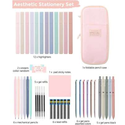 Deluxe Stationery Set, Includes Large Capacity Pencil Case, 12 Highlighters, 11 Ballpoint Pens, And 6 Mechanical Pencils, Ideal For Students (Both Boys And Girls). Multi-Functional School Supplies, Including Stationery Set, Pencil Case, Backpack, Etc., Essential For Back To School.,Bag