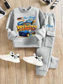 Kleinkind Auto-Muster Warmer Rundhals-Sweatshirt und Hosen Set