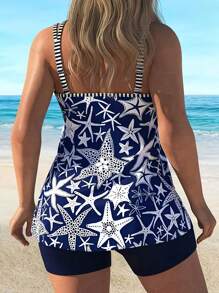 HKGFF-New Women'S Plus Size Tankini Set Two Piece Blue Starfish Printed Conservative Backless Shorts Style Beachwear Swimsuit Gift